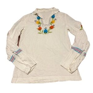 Vintage 70s 80s Mexican Embroidered Cotton Blouse Boho Hippie Peasant Top Large